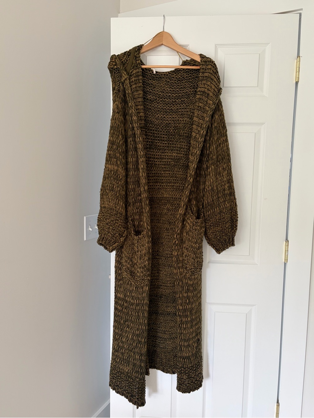 Free People Chunky Oversized Duster Length Open-Knit Green Hooded Sweater